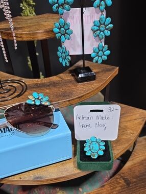 Turquoise Floral Clay Ring — Artisan Flower Statement Ring